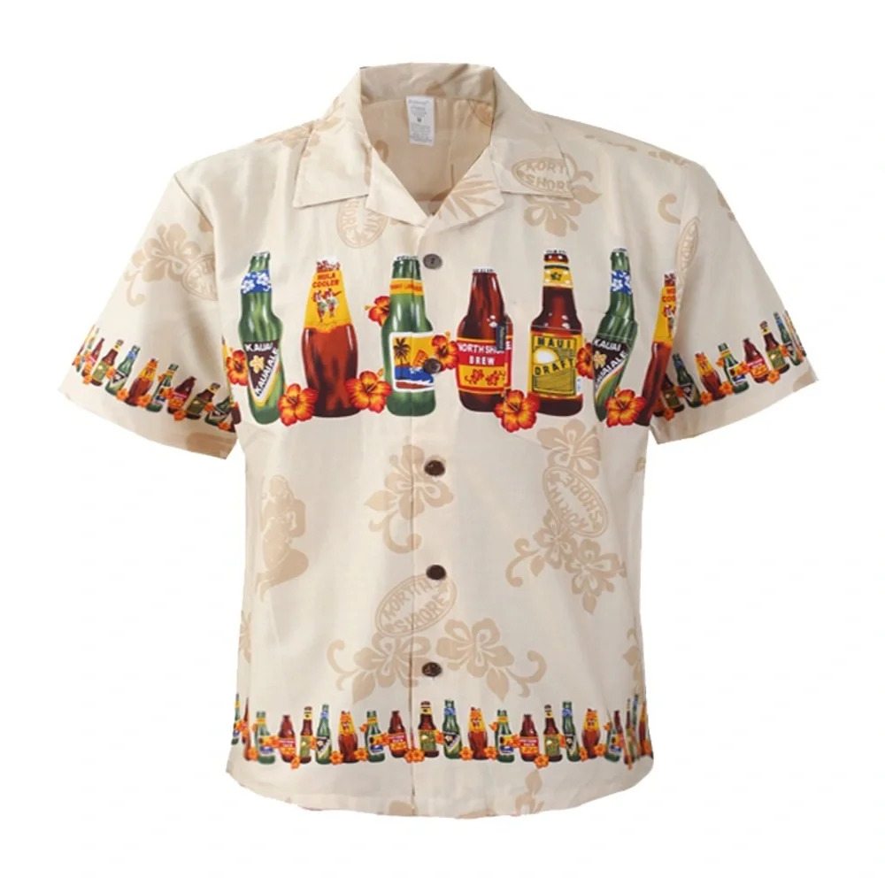 Men’s 100% Cotton Aloha Tan Beer Brew Print Hawaiian Button Top Shirt Party S